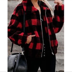 Plaid jacket fuzzy sherpa coat